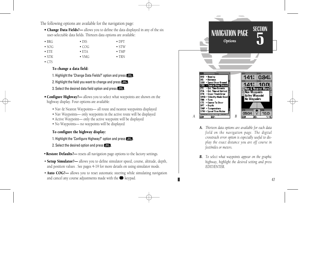 Navigation page | Garmin GPSMAP 135 Sounder User Manual | Page 57 / 109