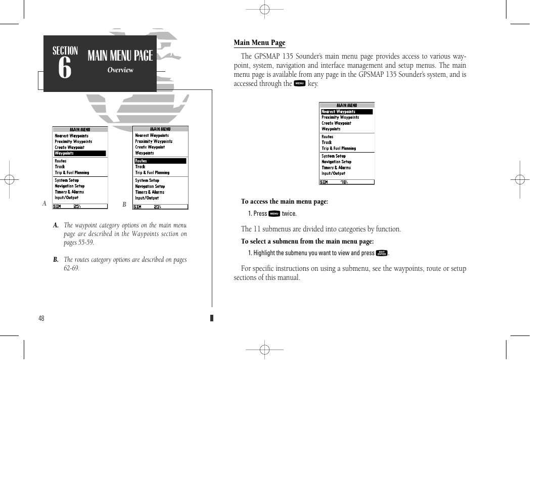 Main menu page | Garmin GPSMAP 135 Sounder User Manual | Page 58 / 109