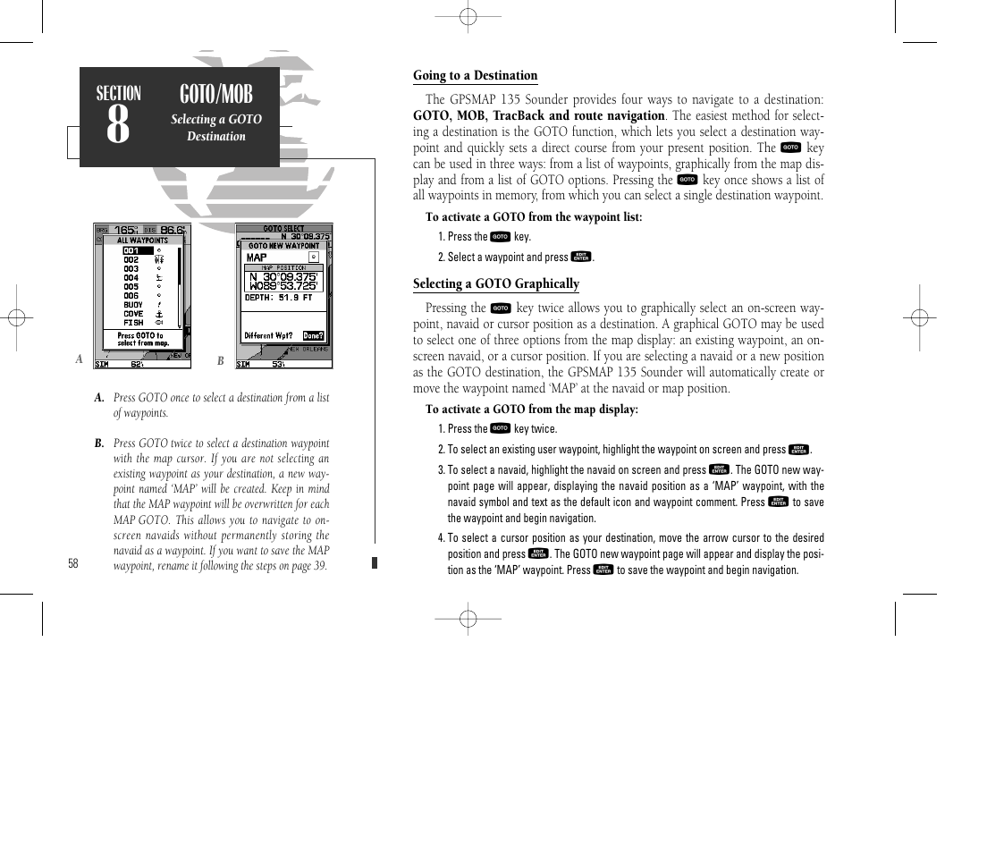 Goto/mob | Garmin GPSMAP 135 Sounder User Manual | Page 68 / 109