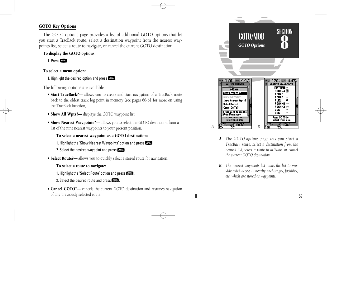 Goto/mob | Garmin GPSMAP 135 Sounder User Manual | Page 69 / 109