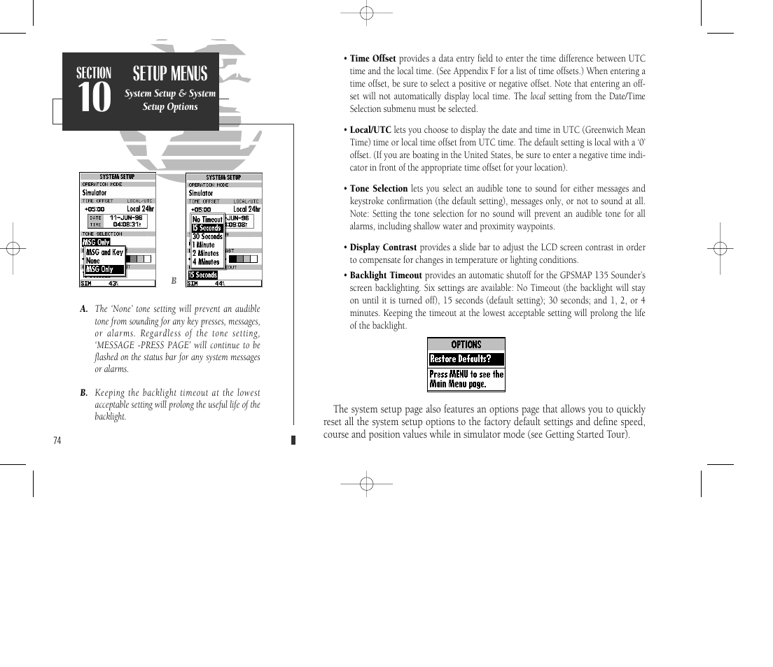 Setup menus | Garmin GPSMAP 135 Sounder User Manual | Page 84 / 109