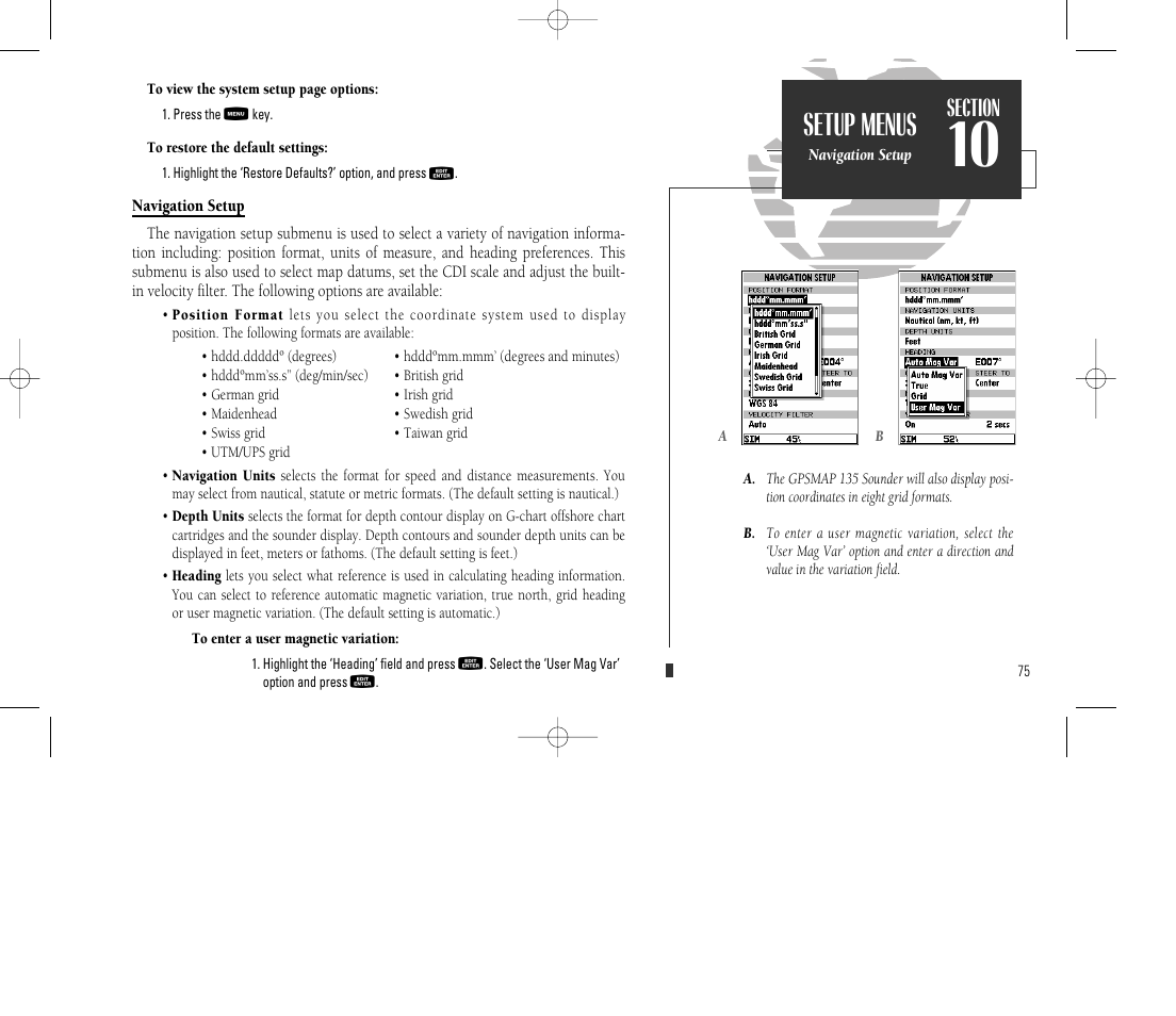 Setup menus | Garmin GPSMAP 135 Sounder User Manual | Page 85 / 109