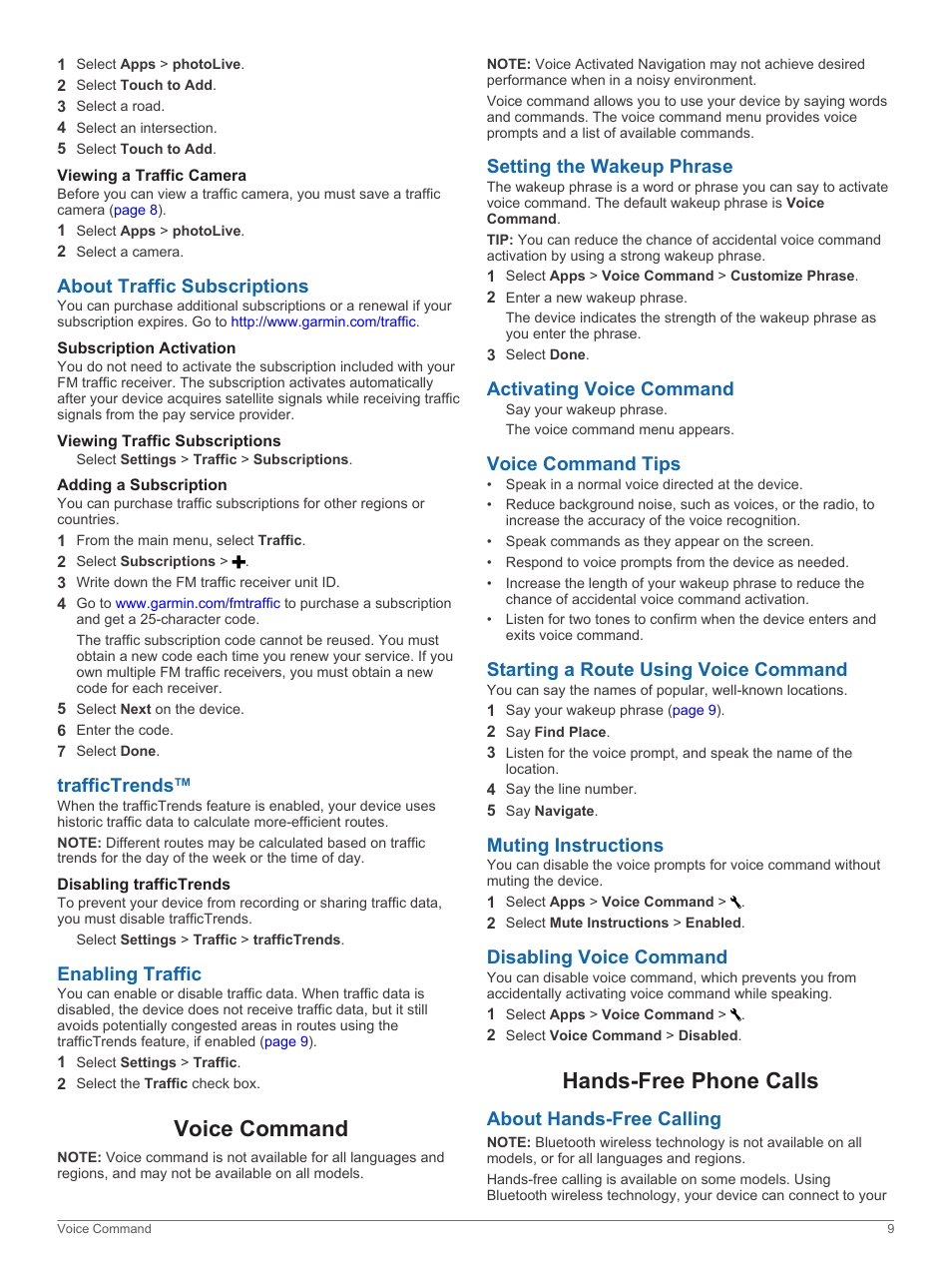 Viewing a traffic camera, About traffic subscriptions, Subscription activation | Viewing traffic subscriptions, Adding a subscription, Traffictrends, Disabling traffictrends, Enabling traffic, Voice command, Setting the wakeup phrase | Garmin RV 760LMT User Manual | Page 13 / 24