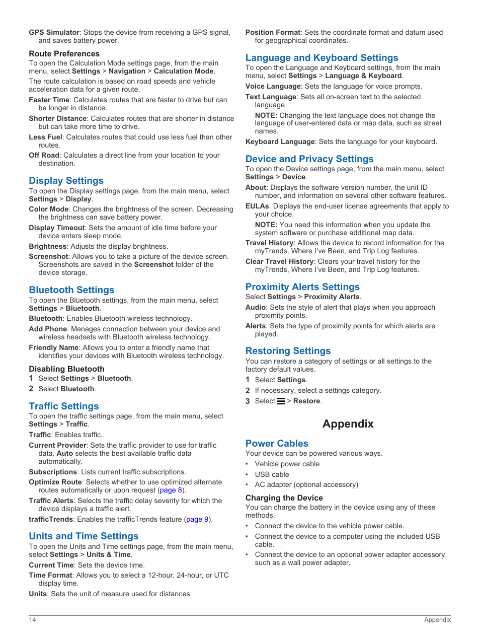 Route preferences, Display settings, Bluetooth settings | Disabling bluetooth, Traffic settings, Units and time settings, Language and keyboard settings, Device and privacy settings, Proximity alerts settings, Restoring settings | Garmin RV 760LMT User Manual | Page 18 / 24