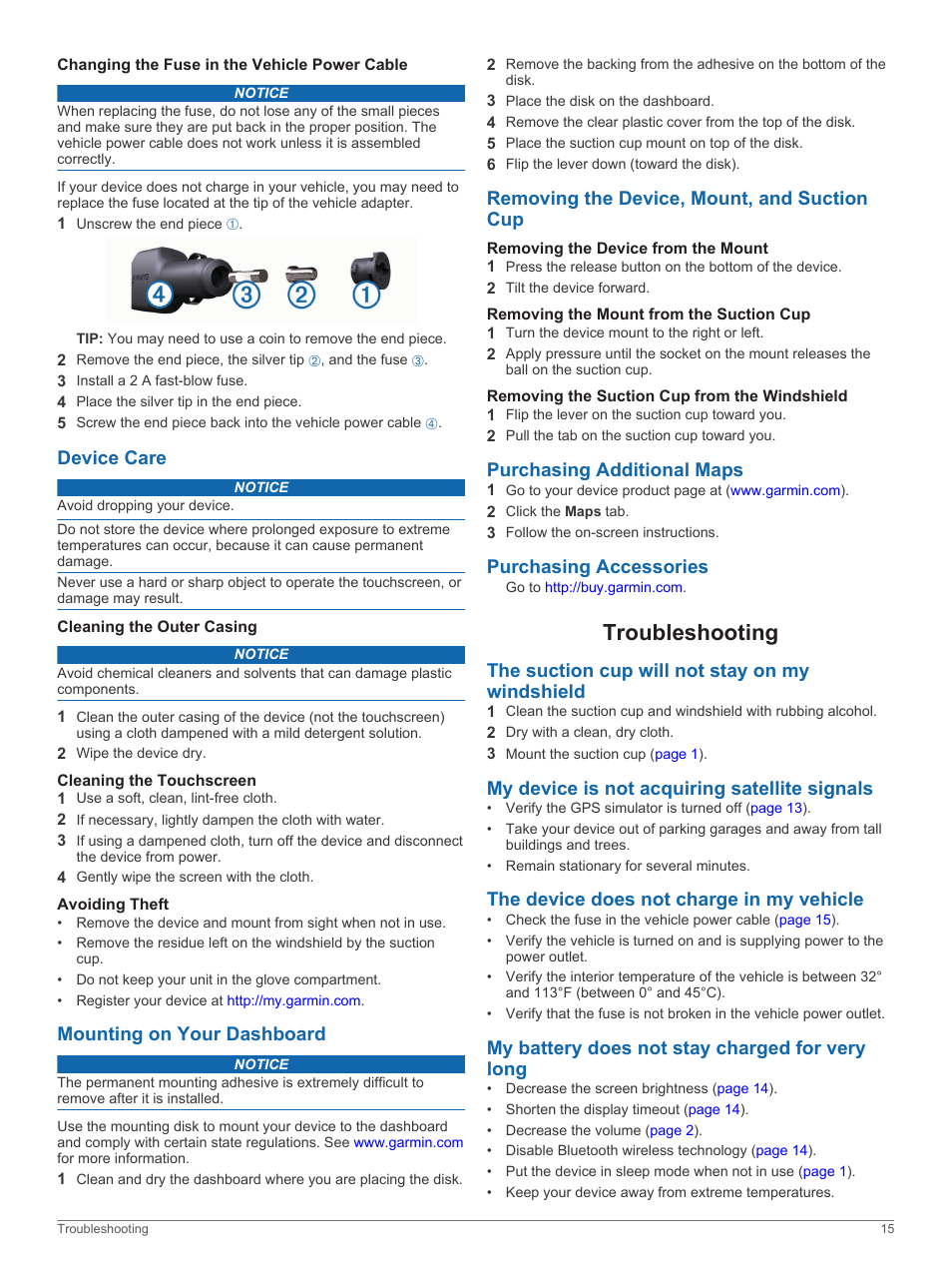 Changing the fuse in the vehicle power cable, Device care, Cleaning the outer casing | Cleaning the touchscreen, Avoiding theft, Mounting on your dashboard, Removing the device, mount, and suction cup, Removing the device from the mount, Removing the mount from the suction cup, Removing the suction cup from the windshield | Garmin RV 760LMT User Manual | Page 19 / 24