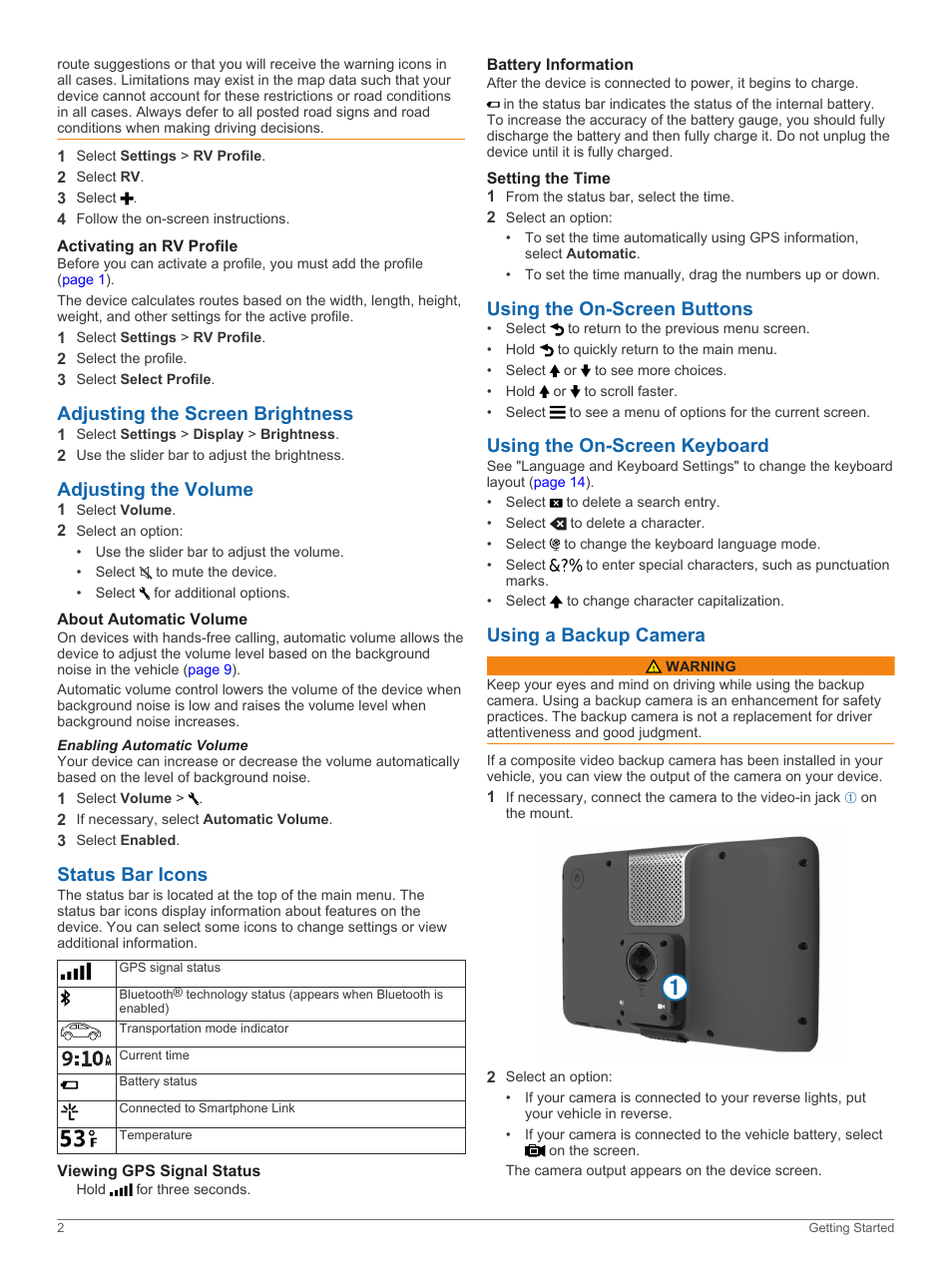 Activating an rv profile, Adjusting the screen brightness, Adjusting the volume | About automatic volume, Enabling automatic volume, Status bar icons, Viewing gps signal status, Battery information, Setting the time, Using the on-screen buttons | Garmin RV 760LMT User Manual | Page 6 / 24