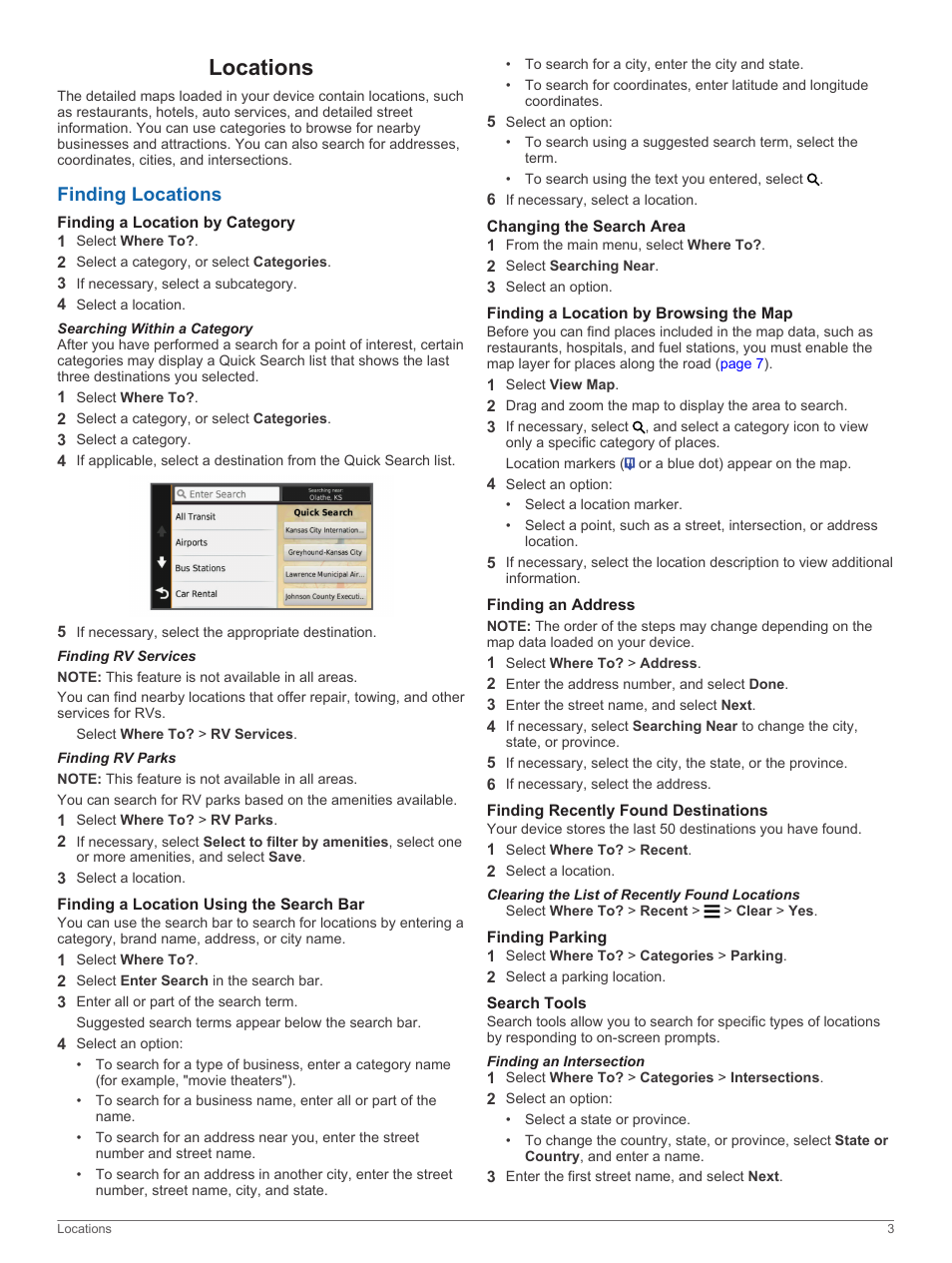 Locations, Finding locations, Finding a location by category | Searching within a category, Finding rv services, Finding rv parks, Finding a location using the search bar, Changing the search area, Finding a location by browsing the map, Finding an address | Garmin RV 760LMT User Manual | Page 7 / 24