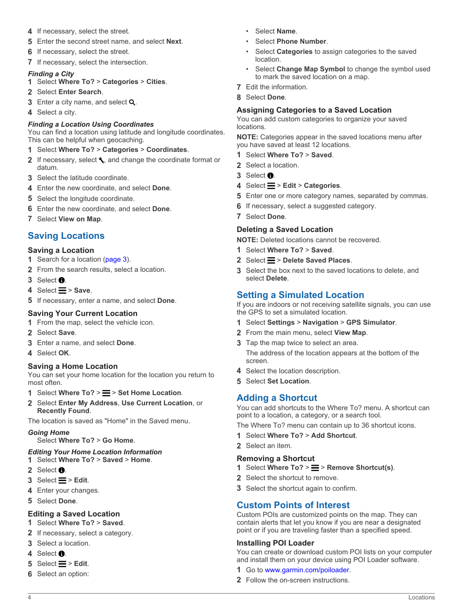 Finding a city, Finding a location using coordinates, Saving locations | Saving a location, Saving your current location, Saving a home location, Going home, Editing your home location information, Editing a saved location, Assigning categories to a saved location | Garmin RV 760LMT User Manual | Page 8 / 24