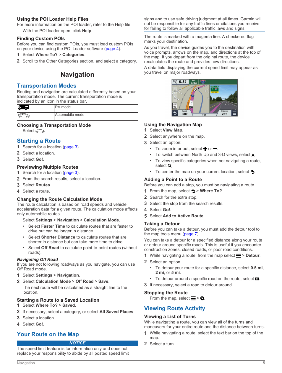 Using the poi loader help files, Finding custom pois, Navigation | Transportation modes, Choosing a transportation mode, Starting a route, Previewing multiple routes, Changing the route calculation mode, Navigating off road, Starting a route to a saved location | Garmin RV 760LMT User Manual | Page 9 / 24