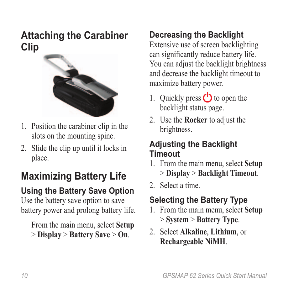 Attaching the carabiner clip, Maximizing battery life | Garmin GPSMAP 62stc User Manual | Page 10 / 12
