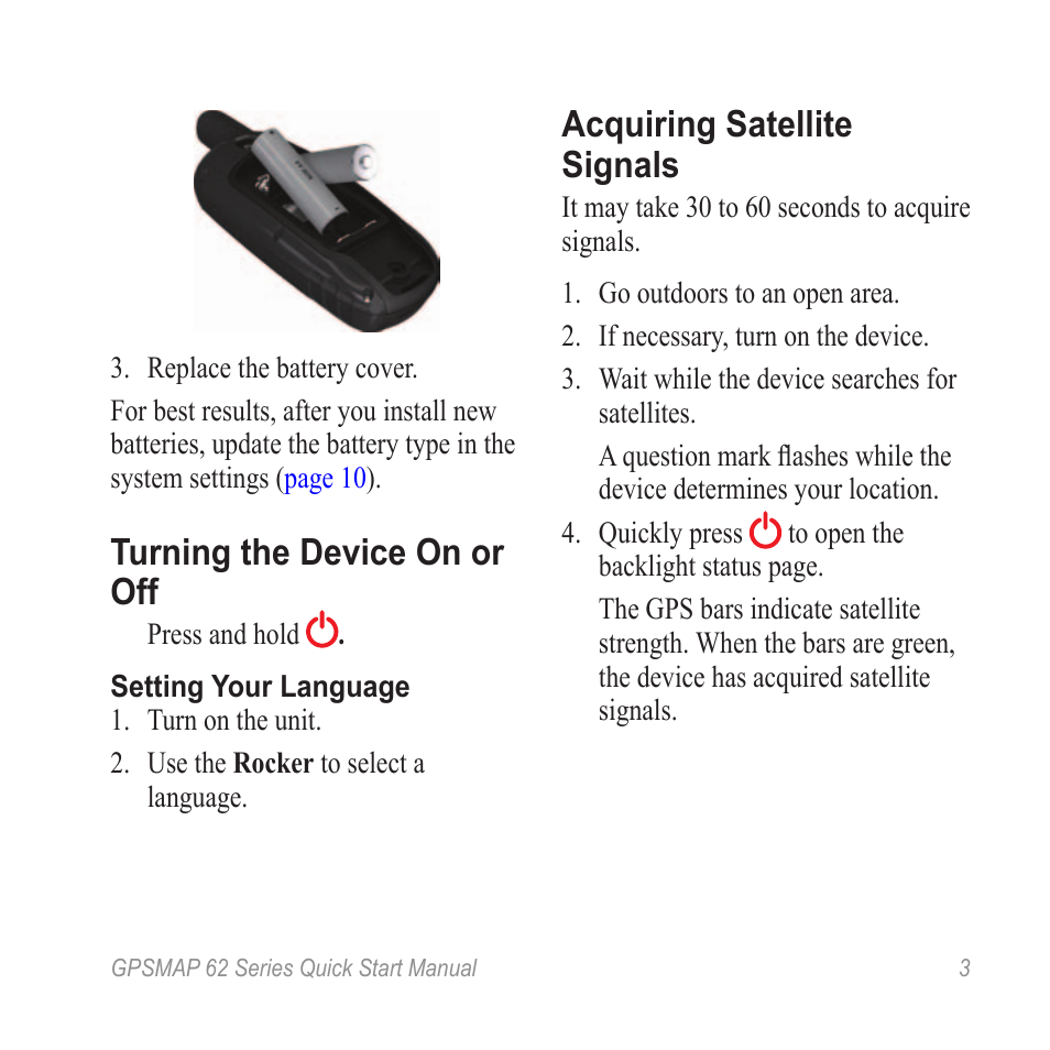 Turning the device on or off, Acquiring satellite signals | Garmin GPSMAP 62stc User Manual | Page 3 / 12