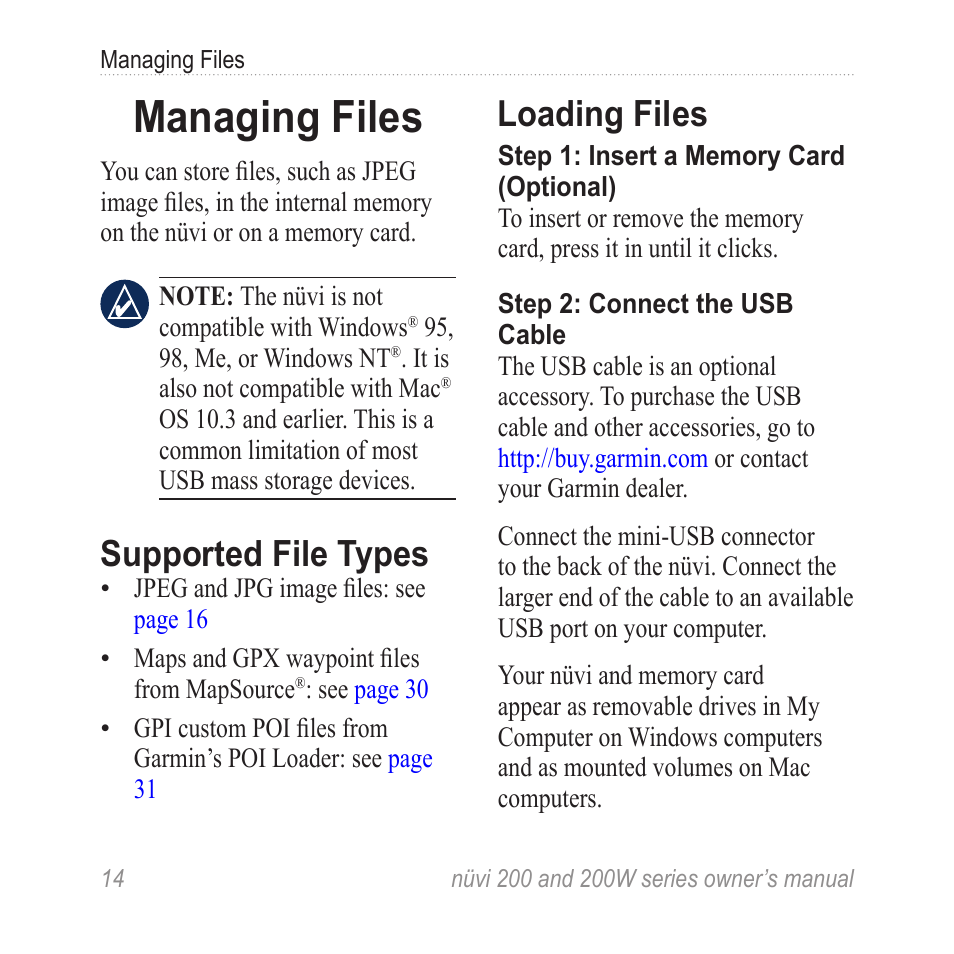 Managing files, Supported file types, Loading files | Garmin nuvi 270 User Manual | Page 20 / 50