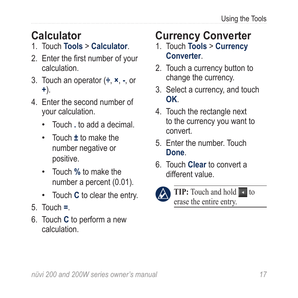 Calculator, Currency converter | Garmin nuvi 270 User Manual | Page 23 / 50