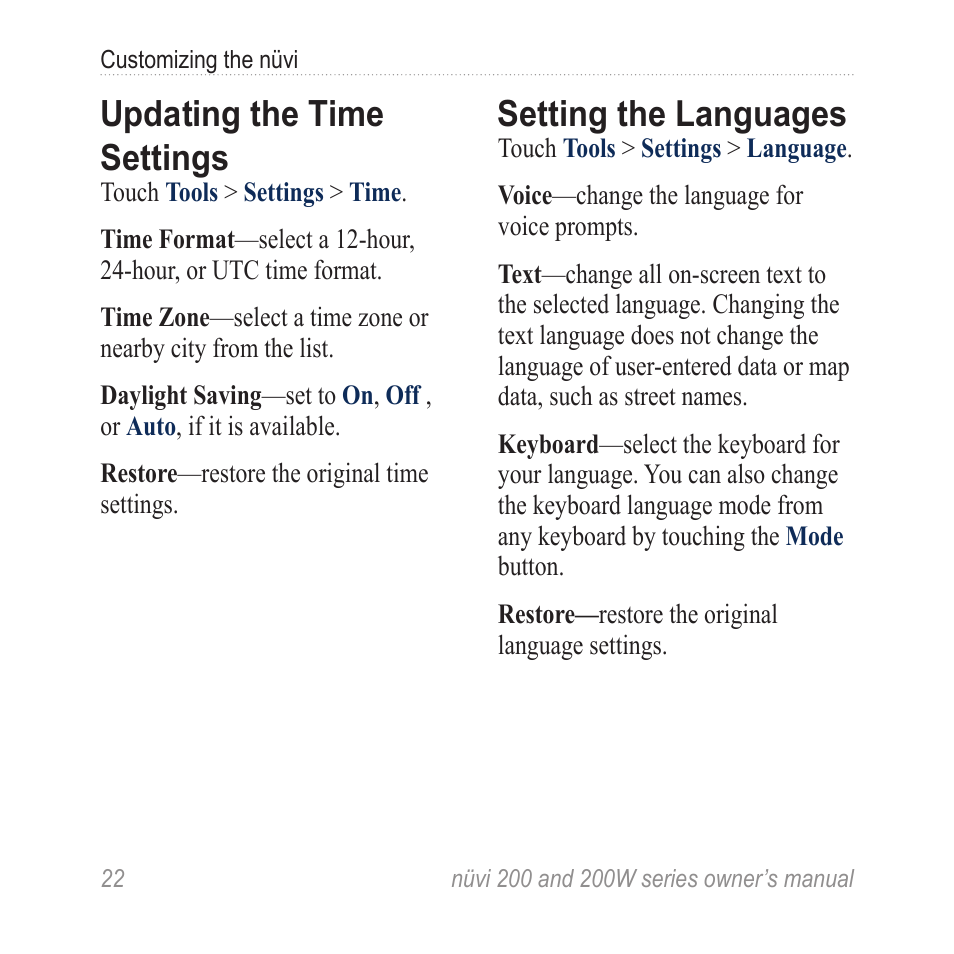 Updating the time settings, Setting the languages | Garmin nuvi 270 User Manual | Page 28 / 50