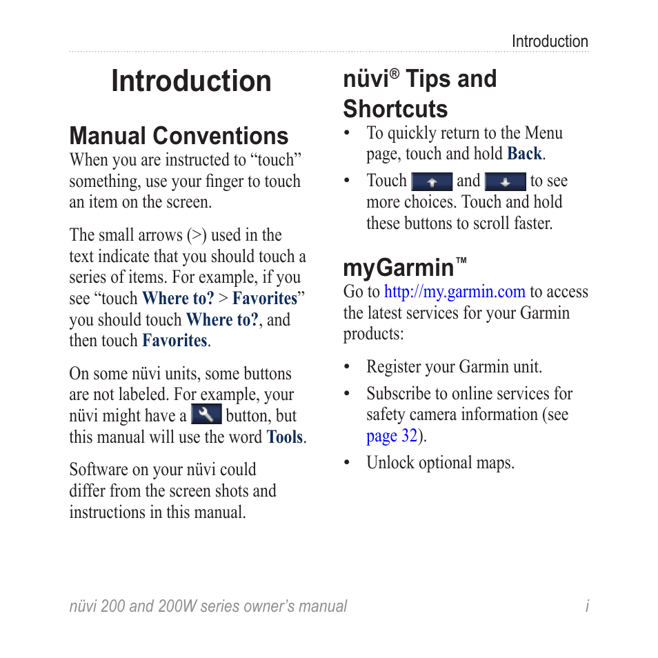 Introduction, Manual conventions, Nüvi® tips and shortcuts | Mygarmin, Nüvi, Tips and shortcuts | Garmin nuvi 270 User Manual | Page 3 / 50