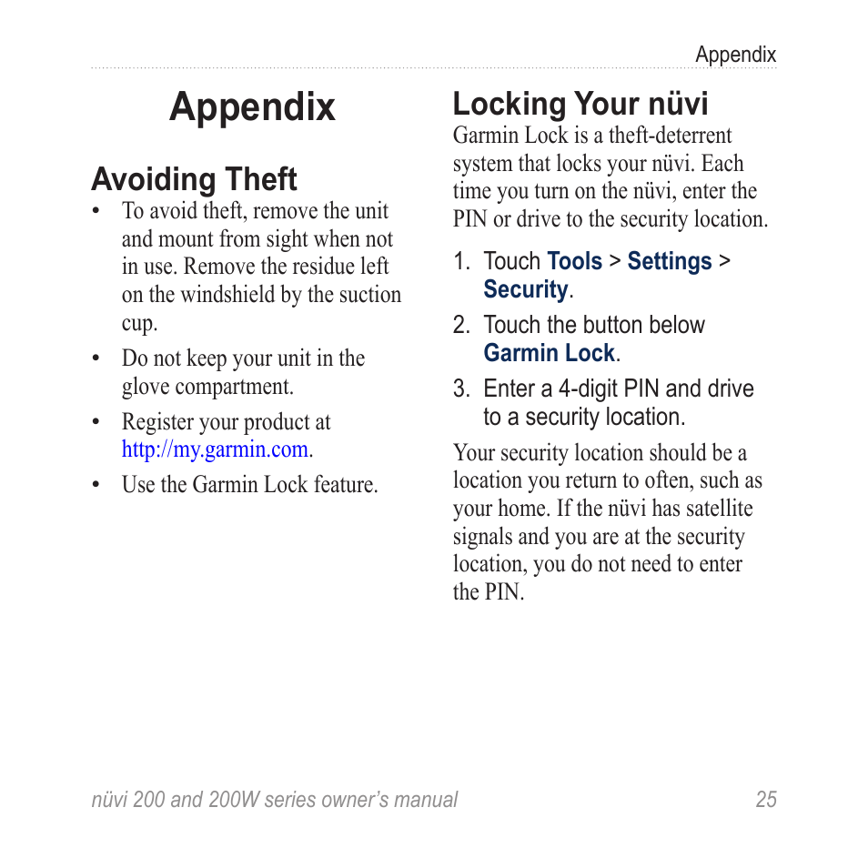 Appendix, Avoiding theft, Locking your nüvi | Garmin nuvi 270 User Manual | Page 31 / 50