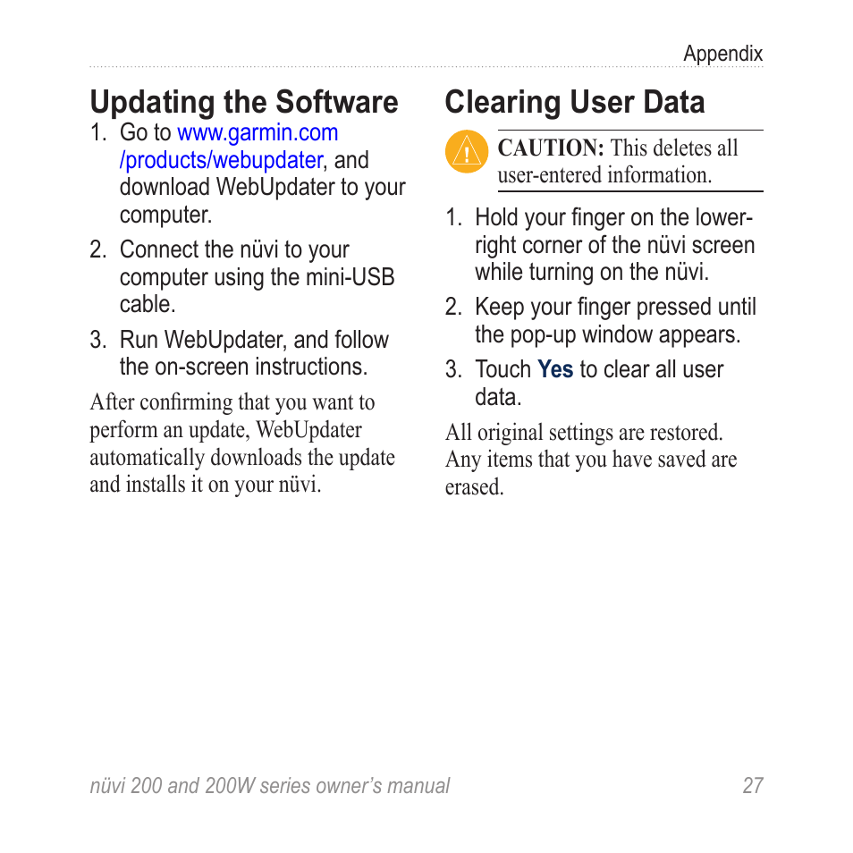 Updating the software, Clearing user data | Garmin nuvi 270 User Manual | Page 33 / 50