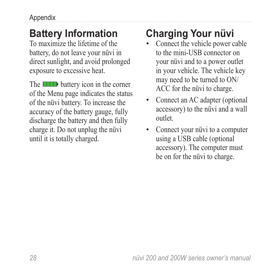 Battery information, Charging your nüvi | Garmin nuvi 270 User Manual | Page 34 / 50