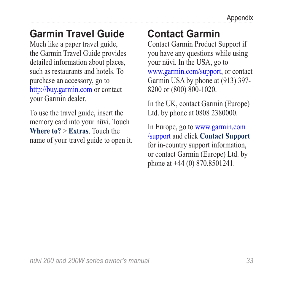 Garmin travel guide, Contact garmin | Garmin nuvi 270 User Manual | Page 39 / 50