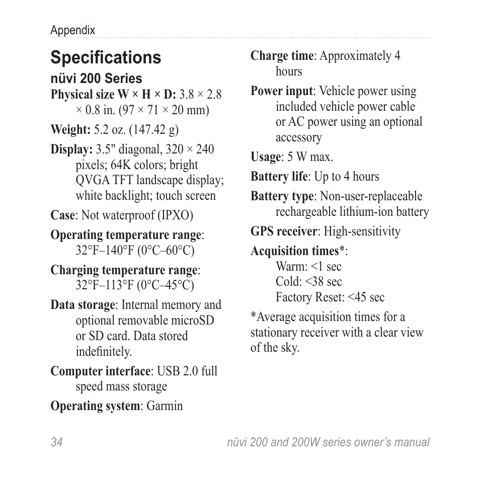 Specifications | Garmin nuvi 270 User Manual | Page 40 / 50