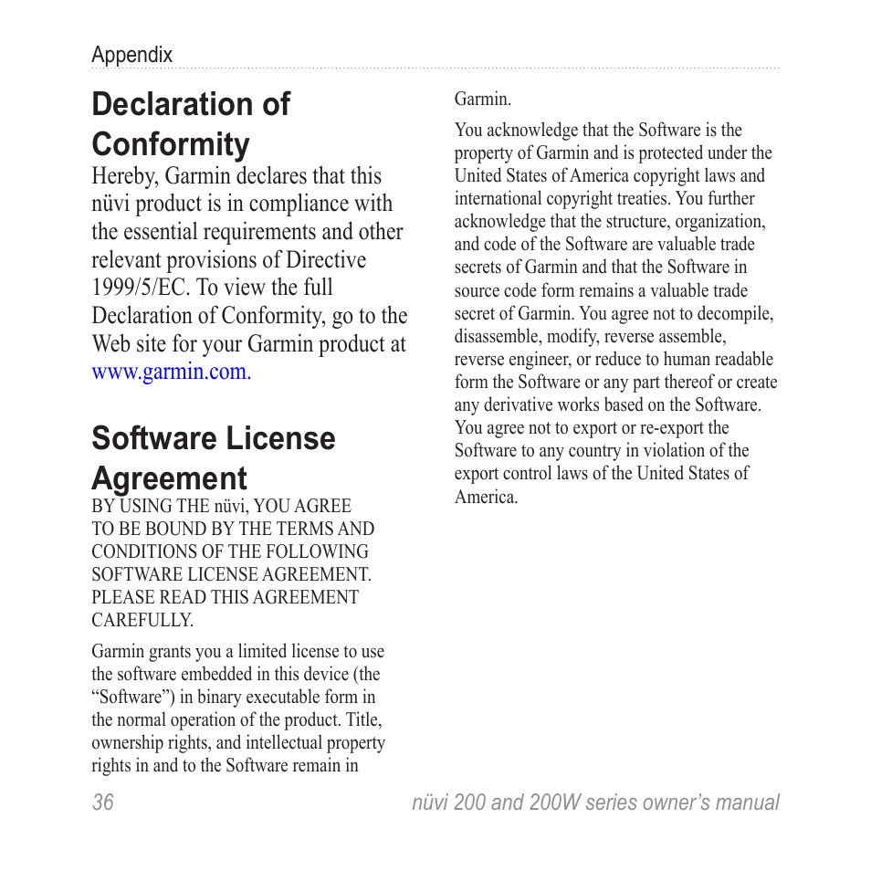 Declaration of conformity, Software license agreement | Garmin nuvi 270 User Manual | Page 42 / 50