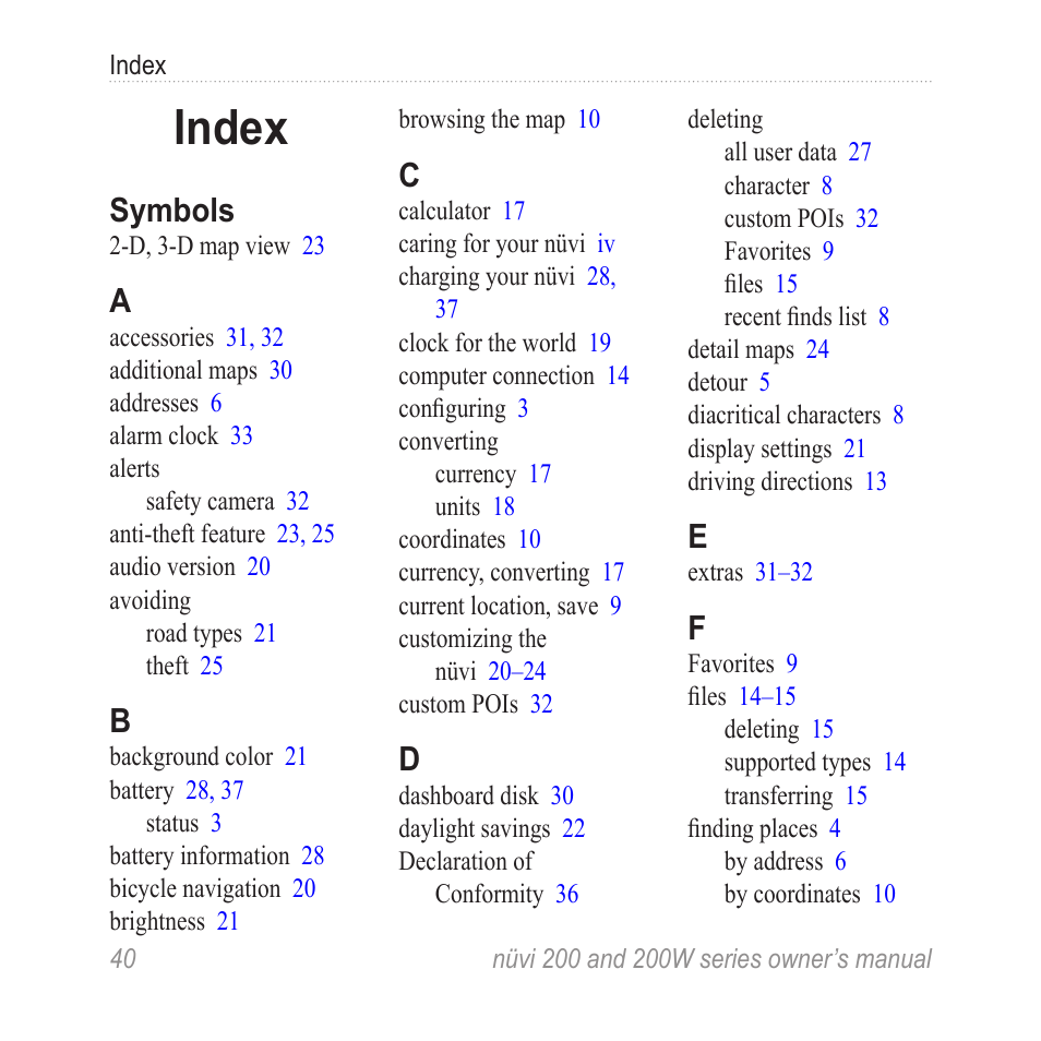 Index, Symbols | Garmin nuvi 270 User Manual | Page 46 / 50