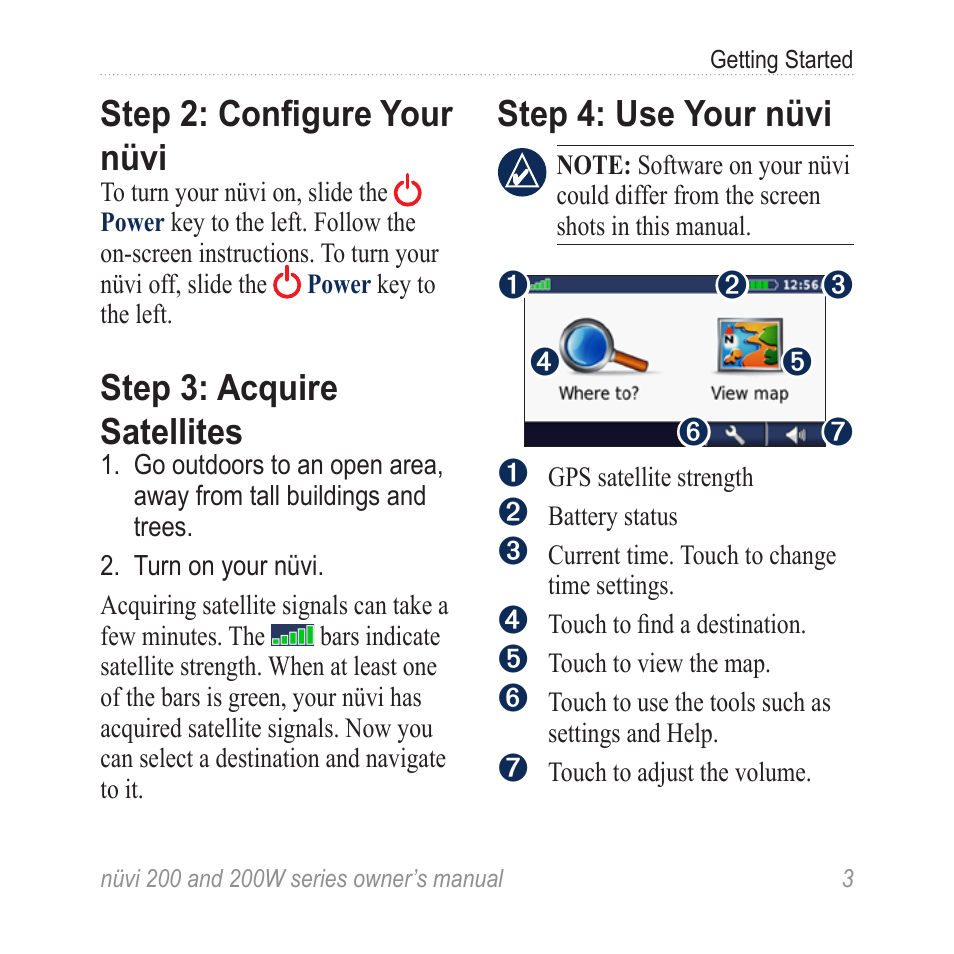 Step 2: configure your nüvi, Step 3: acquire satellites, Step 4: use your nüvi | Garmin nuvi 270 User Manual | Page 9 / 50