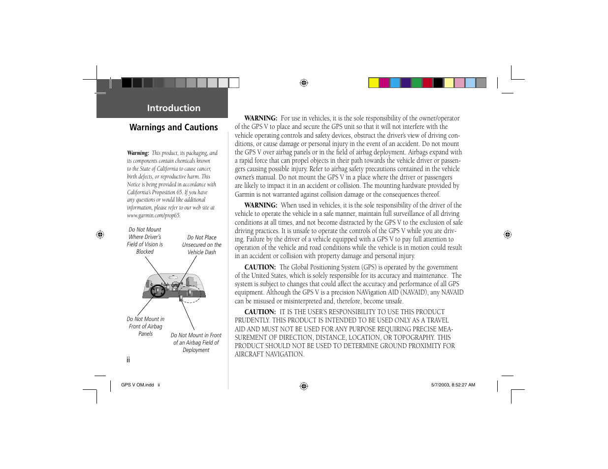 Introduction warnings and cautions | Garmin GPS V User Manual | Page 4 / 91