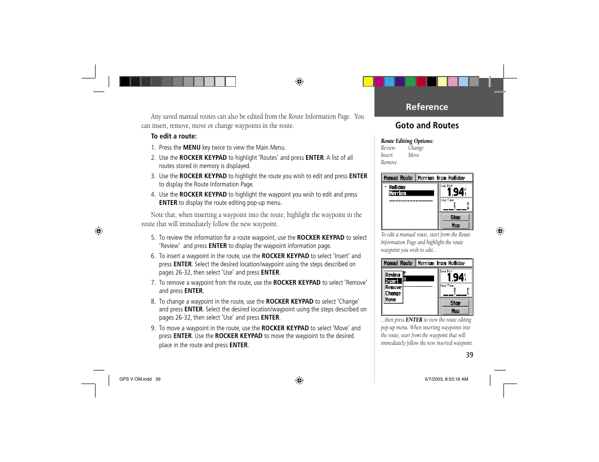 Reference goto and routes | Garmin GPS V User Manual | Page 49 / 91