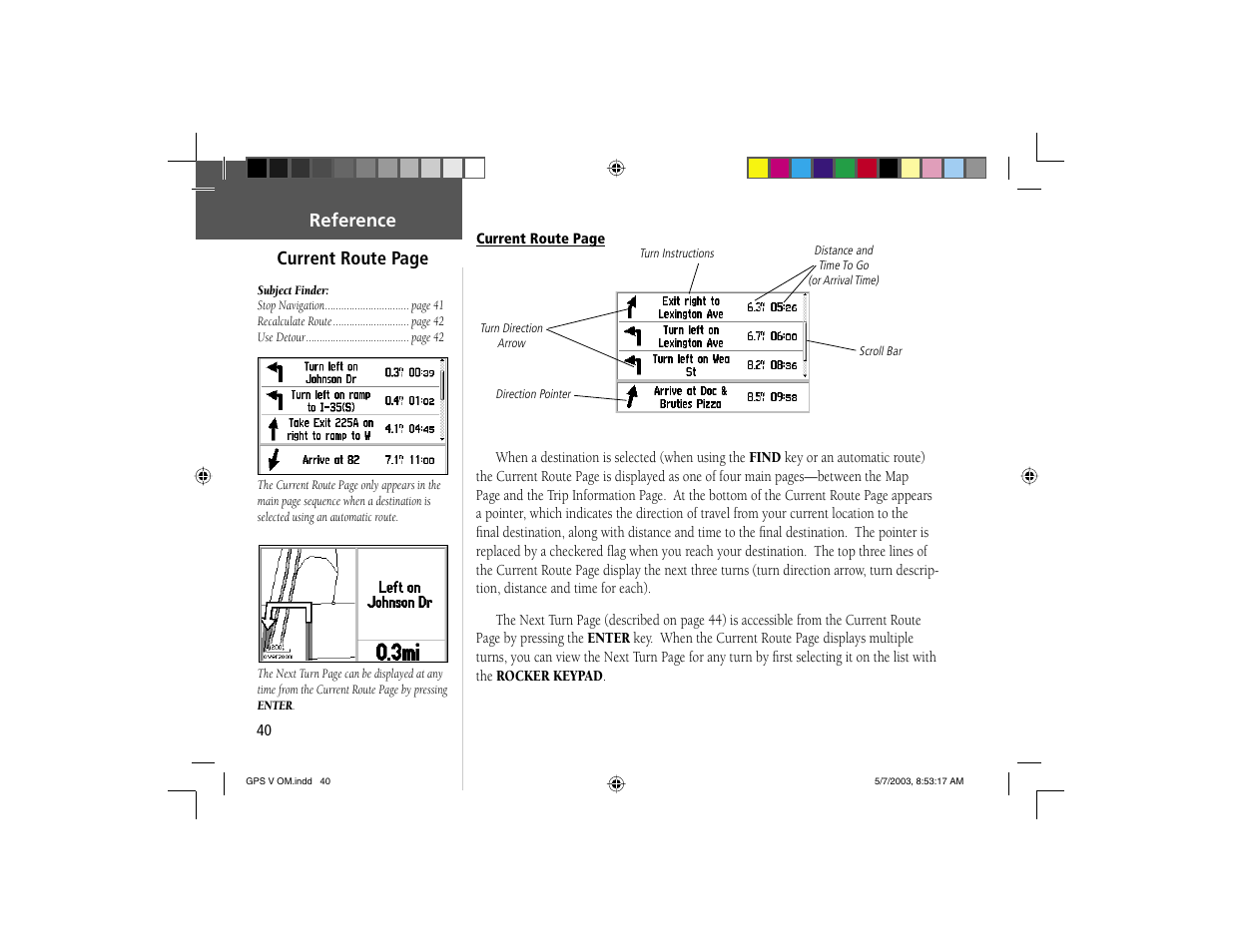 Reference current route page | Garmin GPS V User Manual | Page 50 / 91