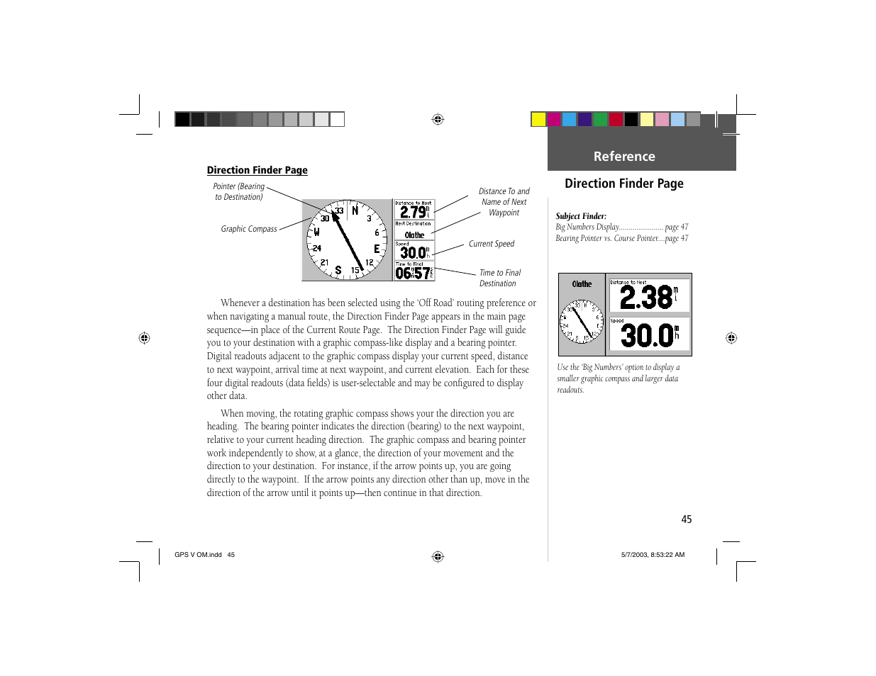 Direction finder page reference | Garmin GPS V User Manual | Page 55 / 91