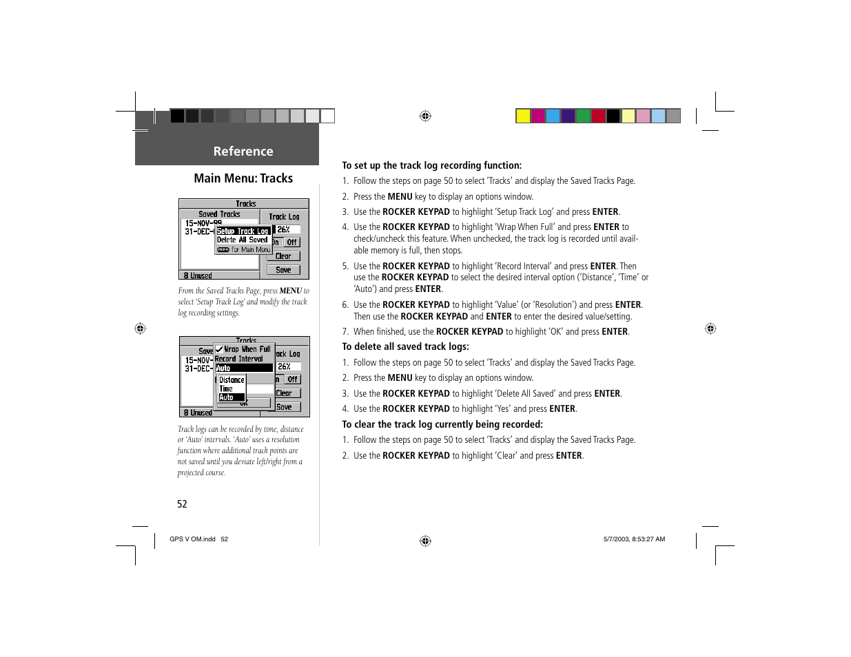 Main menu: tracks, Reference | Garmin GPS V User Manual | Page 62 / 91