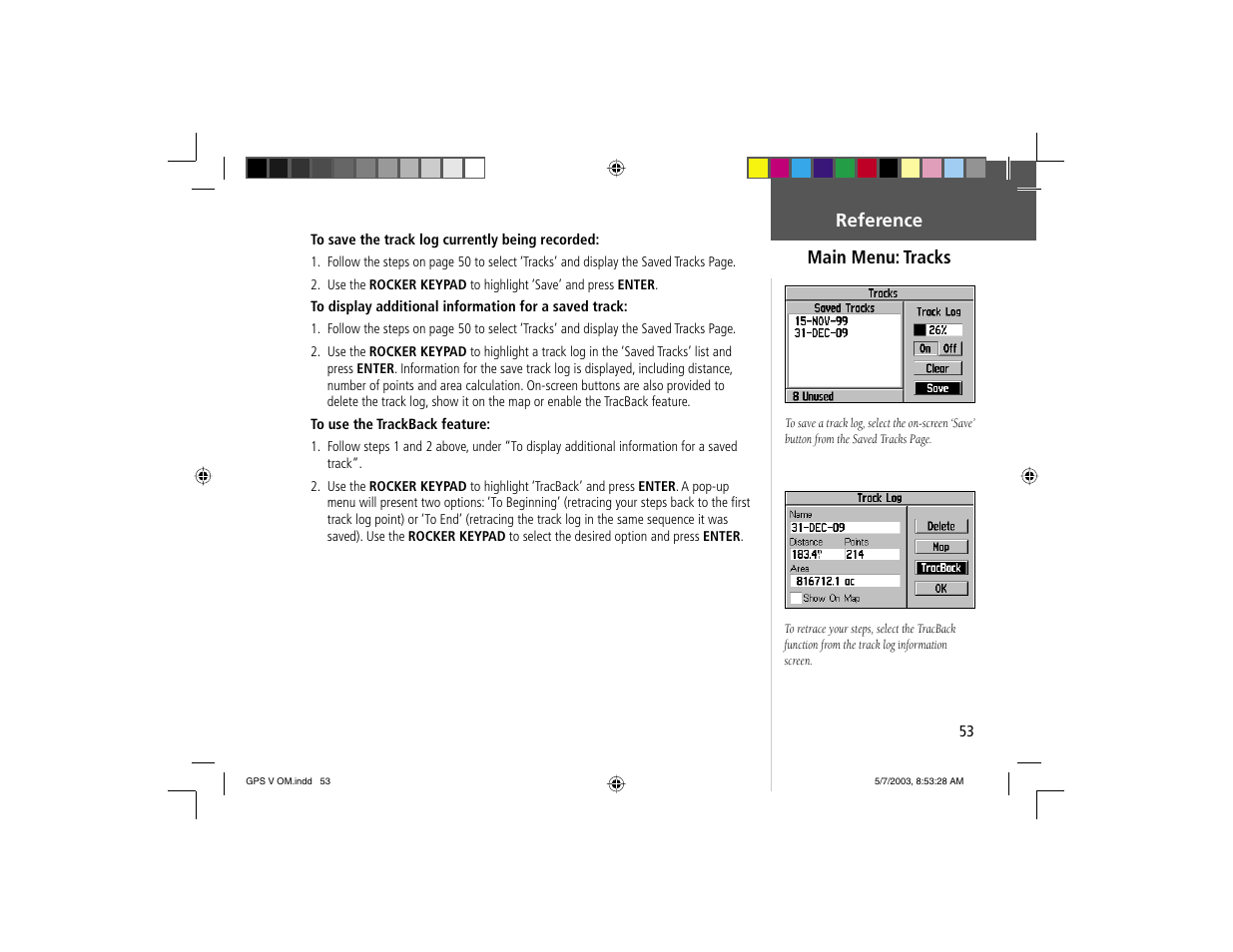 Main menu: tracks, Reference | Garmin GPS V User Manual | Page 63 / 91