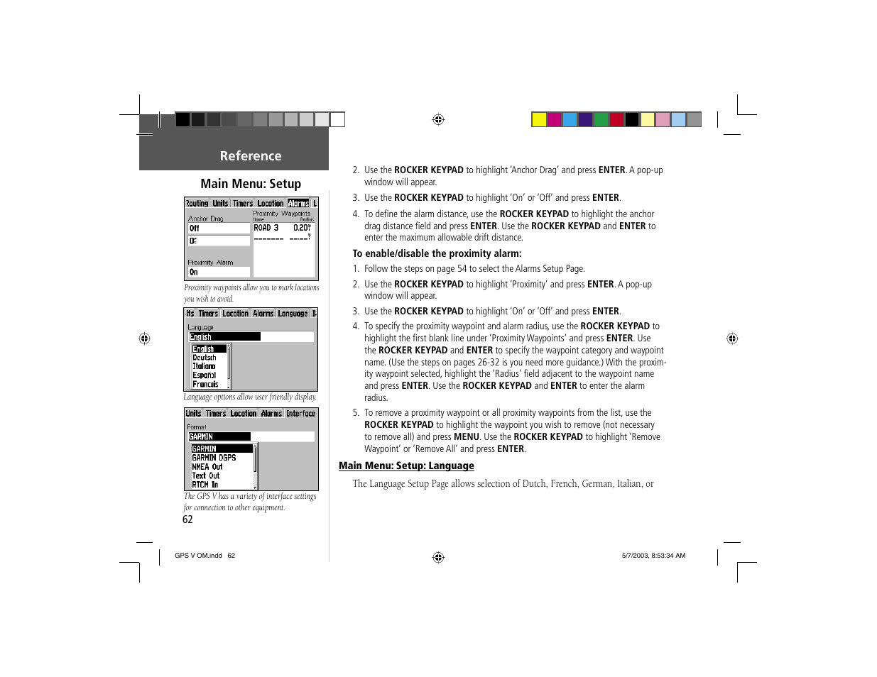 Main menu: setup, Reference | Garmin GPS V User Manual | Page 72 / 91