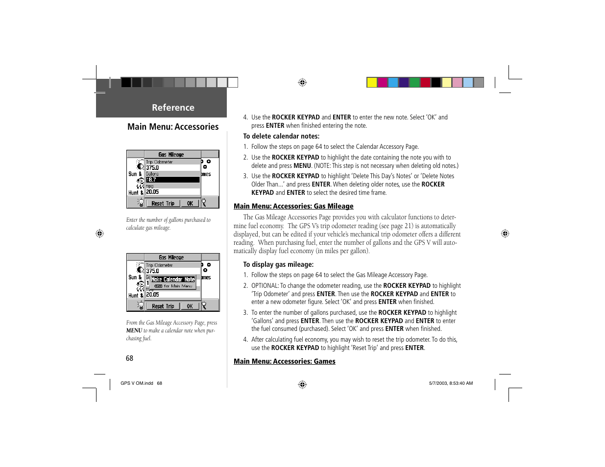 Main menu: accessories, Reference | Garmin GPS V User Manual | Page 78 / 91