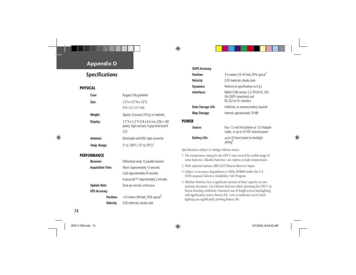 Appendix d speciﬁ cations | Garmin GPS V User Manual | Page 84 / 91