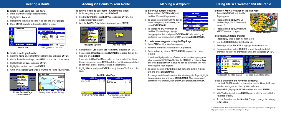 Creating a route, Adding via points to your route, Marking a waypoint | Using xm wx weather and xm radio | Garmin GPSMAP 376C User Manual | Page 2 / 2