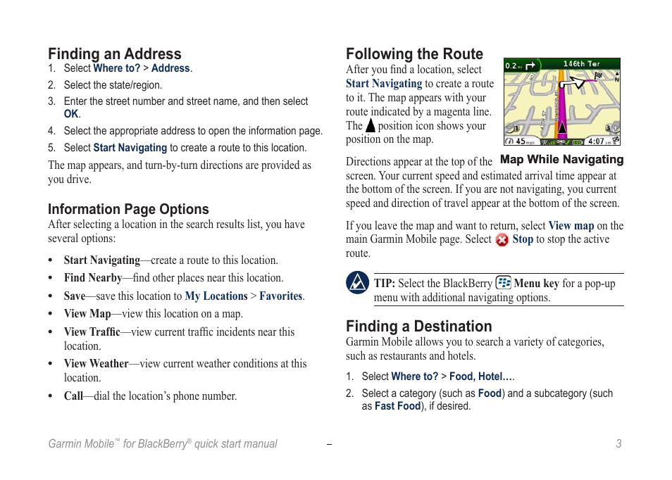 Finding an address, Following the route, Finding a destination | Garmin Mobile for BlackBerry User Manual | Page 3 / 12