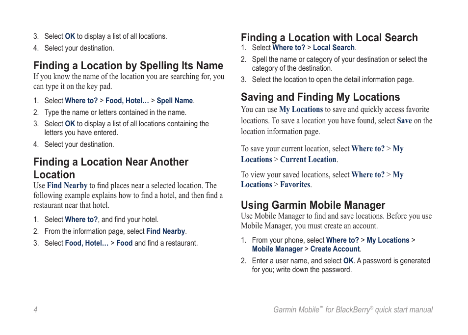 Finding a location by spelling its name, Finding a location near another location, Finding a location with local search | Saving and finding my locations, Using garmin mobile manager | Garmin Mobile for BlackBerry User Manual | Page 4 / 12