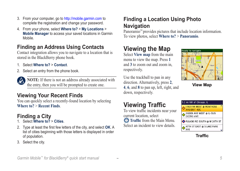 Viewing the map, Viewing traffic, Finding an address using contacts | Viewing your recent finds, Finding a city, Finding a location using photo navigation | Garmin Mobile for BlackBerry User Manual | Page 5 / 12