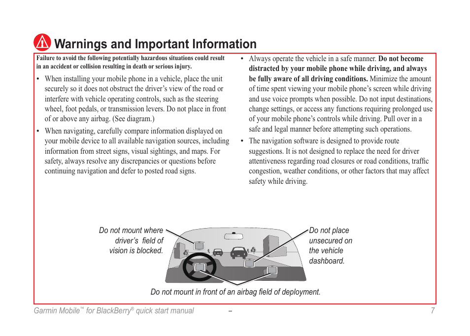 Warnings and important information | Garmin Mobile for BlackBerry User Manual | Page 7 / 12
