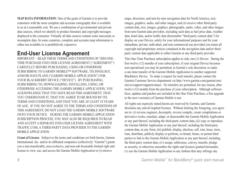 End-user license agreement | Garmin Mobile for BlackBerry User Manual | Page 8 / 12