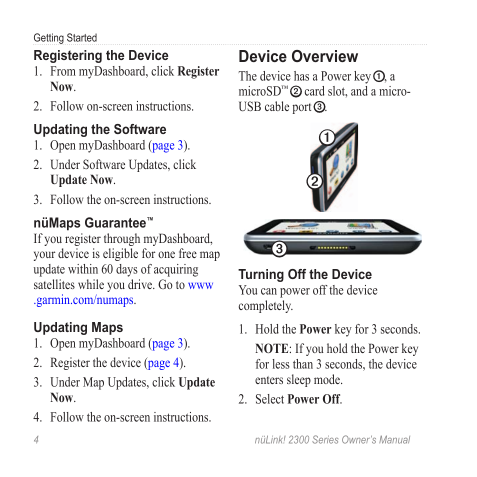 Device overview, Register the device, Free map update | Garmin nuLink! 2390 User Manual | Page 10 / 86