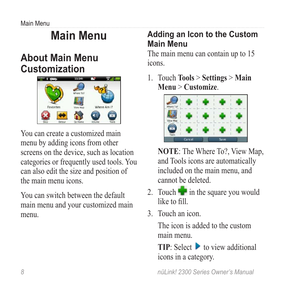 Main menu, About main menu customization, About main menu | Customization | Garmin nuLink! 2390 User Manual | Page 14 / 86