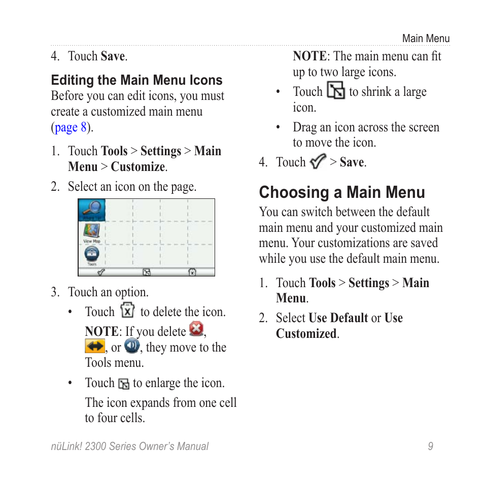 Choosing a main menu | Garmin nuLink! 2390 User Manual | Page 15 / 86