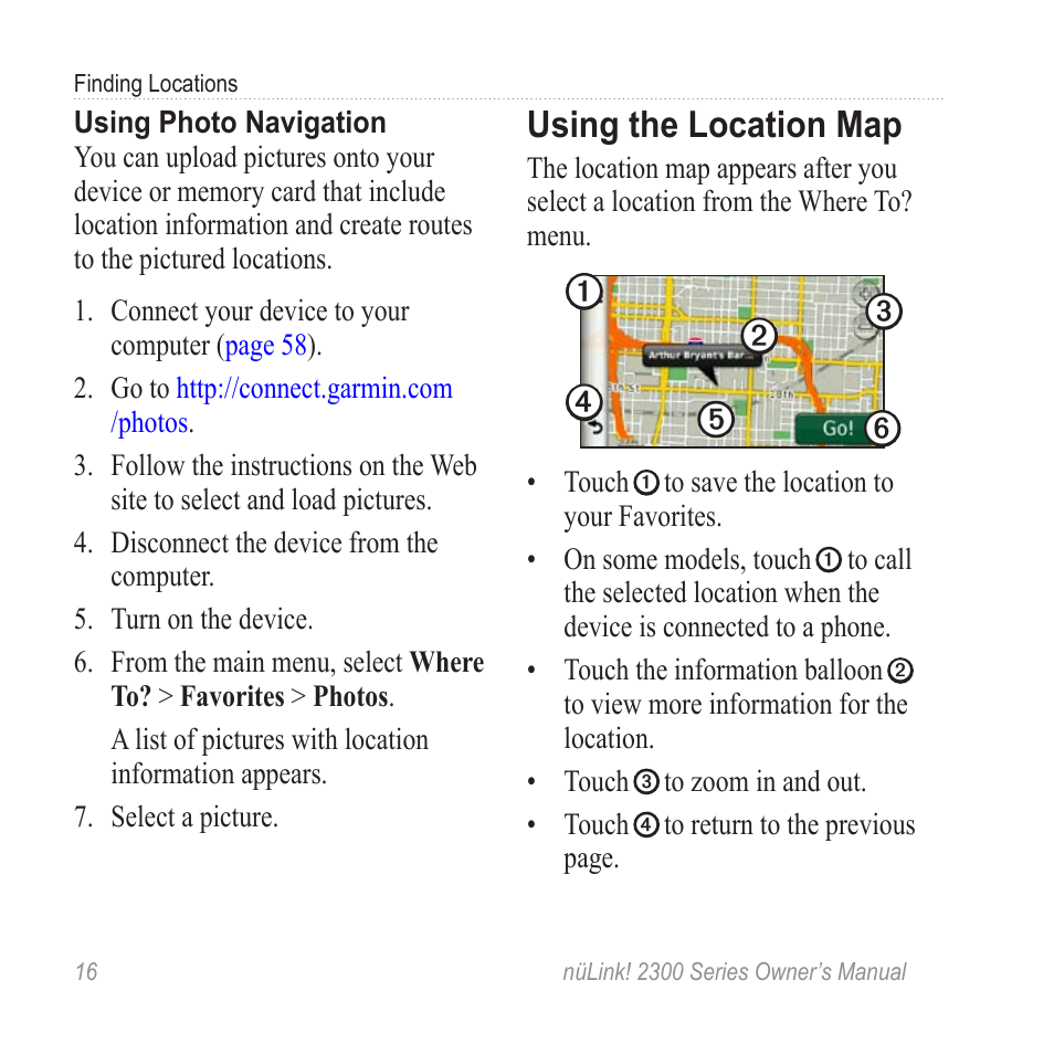 Using the location map, Using photos | Garmin nuLink! 2390 User Manual | Page 22 / 86