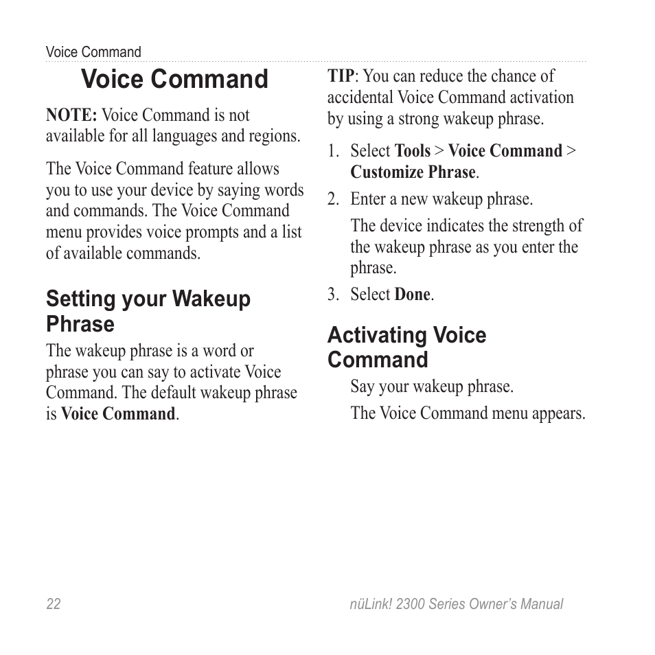 Voice command, Setting your wakeup phrase, Activating voice command | Garmin nuLink! 2390 User Manual | Page 28 / 86