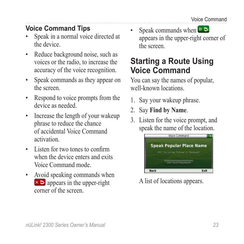 Starting a route using voice command, Starting a route using voice, Command | Garmin nuLink! 2390 User Manual | Page 29 / 86