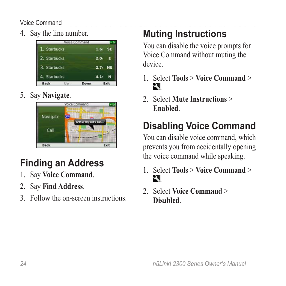 Finding an address, Muting instructions, Disabling voice command | Garmin nuLink! 2390 User Manual | Page 30 / 86