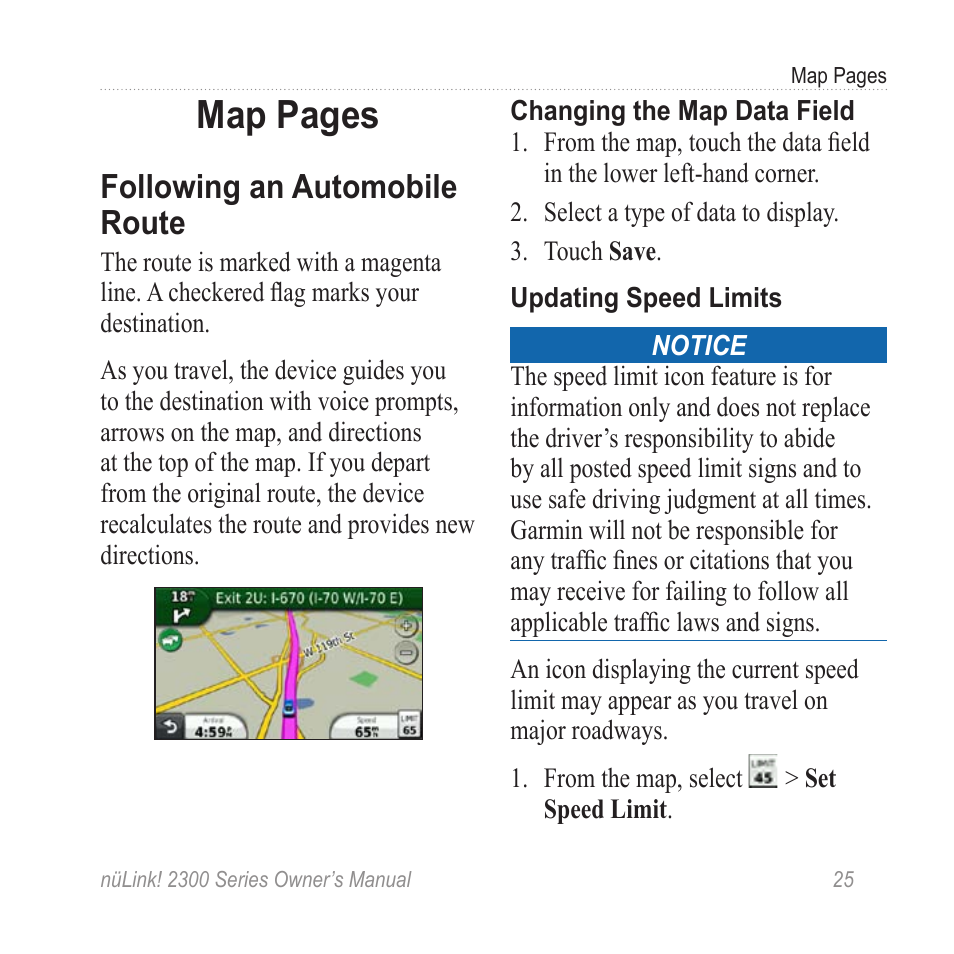 Following an automobile route, Following an automobile, Route | Map pages | Garmin nuLink! 2390 User Manual | Page 31 / 86